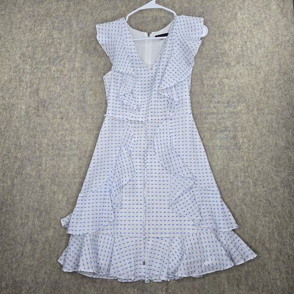 Tommy Hilfiger Ruffle Detail Blue & White Pattern Sleeveless Midi Dress Size 2 - Picture 1 of 10